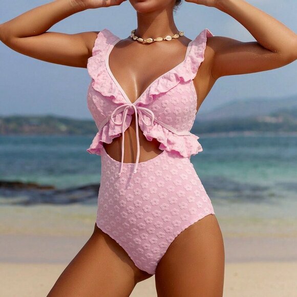 Pink Cute Women's Beach Vacation Jacquard Ruffle Trim One-Piece Swimsuit - Picture 4 of 8